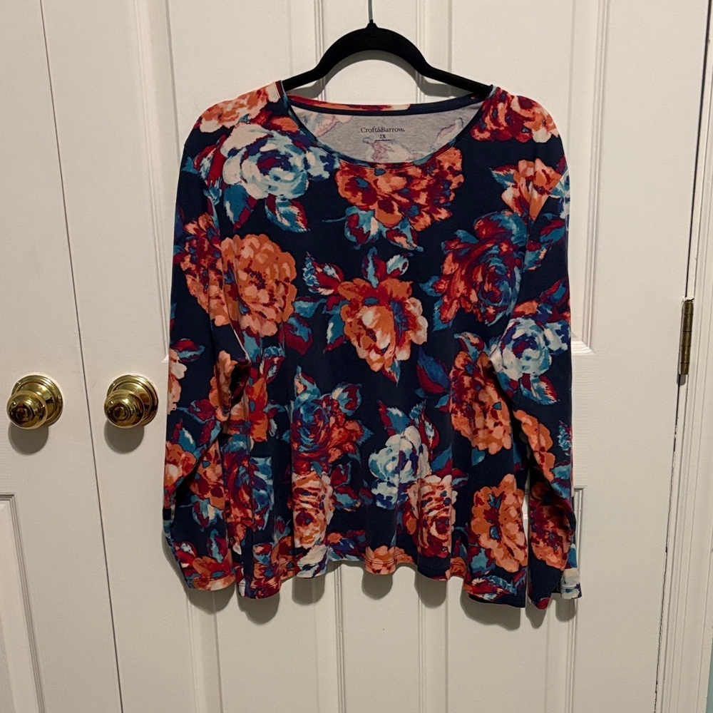 Croft & Barrow Floral Long Sleeve Top - Navy and Coral